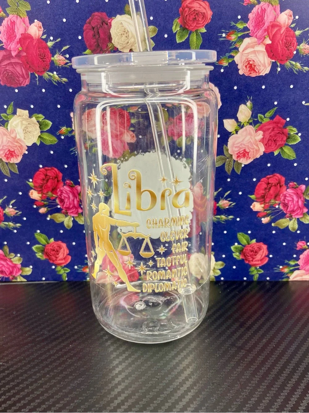 Libra Gold Accent Clear Tumbler with Straw - Zodiac Drinkware